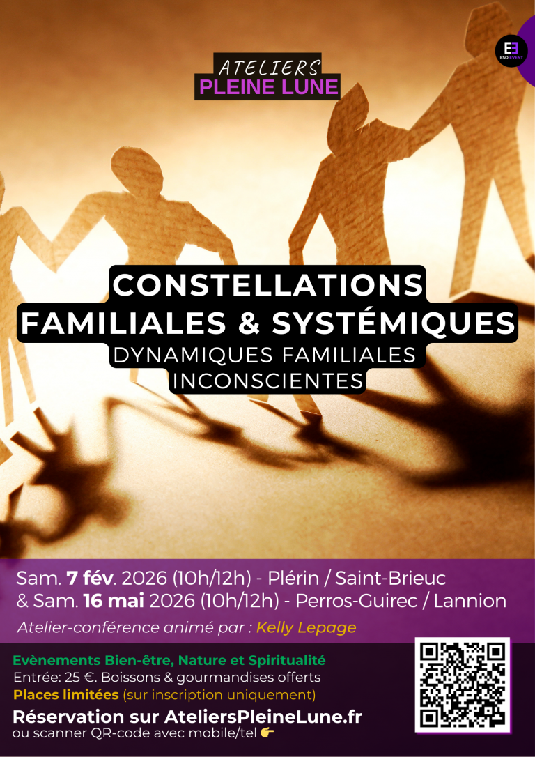 Affiche 2026 Constellations familiales Kelly Lepage Ateliers Pleine Lune Bien etre Nature et spiritualité